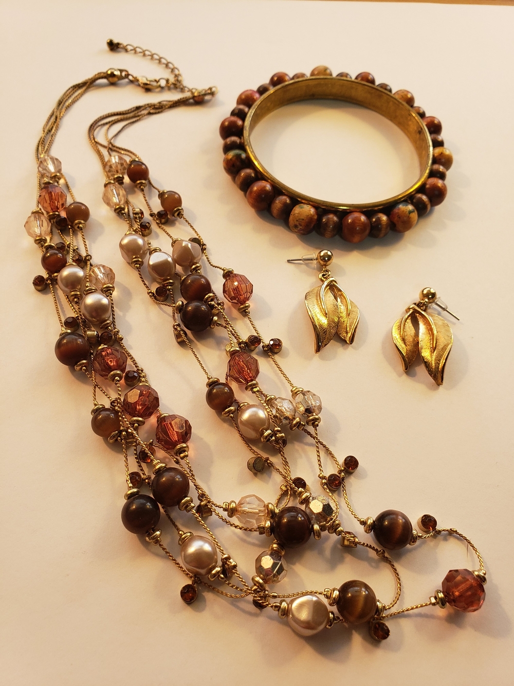 Earthy Vintage Jewelry Lot with Necklace, Wood & Brass Bangle, Marked Earrings